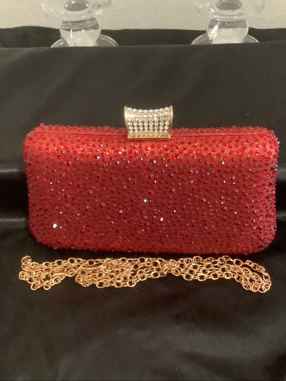 Red Crystal-Embellished Evening Clutch with Gold Chain